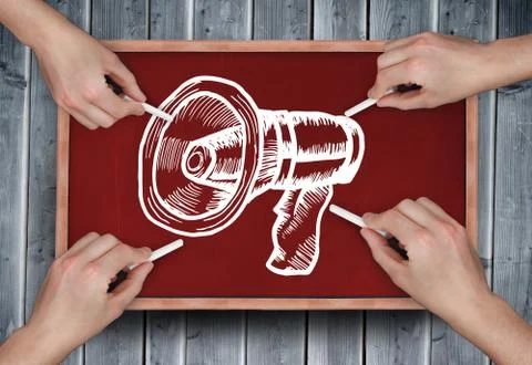 Composite image of multiple hands drawing megaphone with chalk Stock Photos