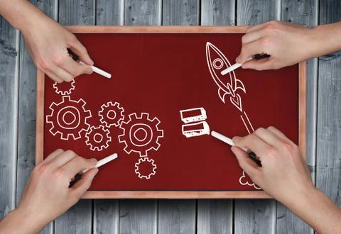 Composite image of multiple hands drawing doodles with chalk Stock Photos