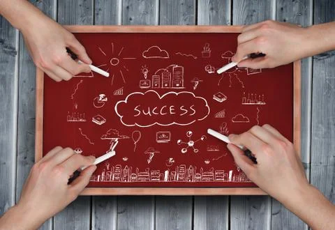 Composite image of multiple hands drawing success doodle with chalk Foto stock