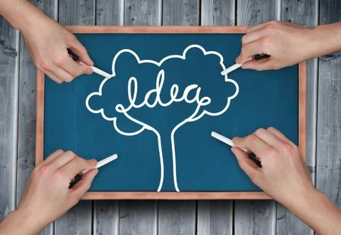 Composite image of multiple hands drawing idea tree with chalk Stock Photos