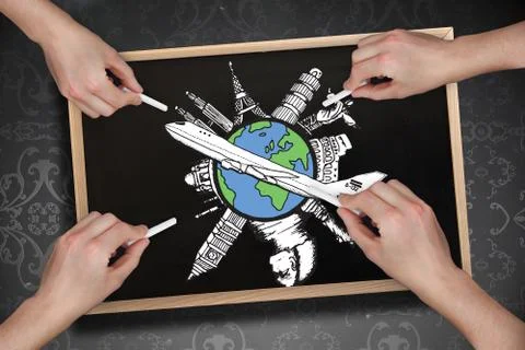 Composite image of multiple hands drawing airplane with chalk Stock Photos