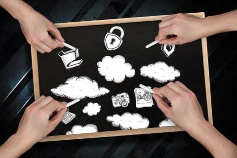 Composite image of multiple hands drawing clouds with chalk Fotos Stock