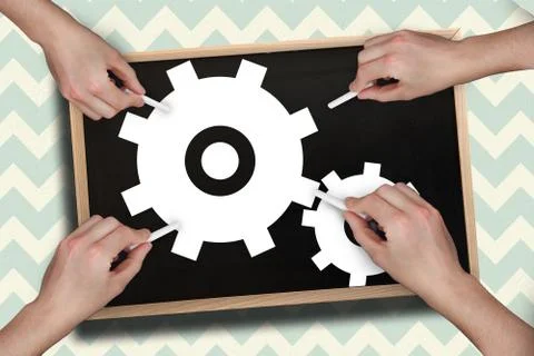 Composite image of multiple hands drawing cogs with chalk Stock Photos