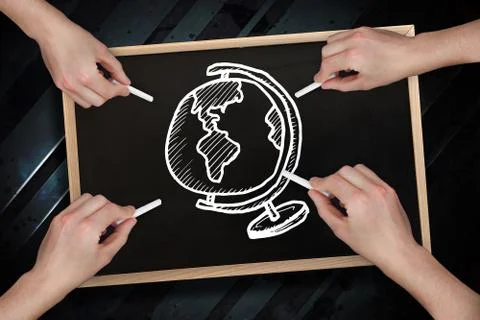 Composite image of multiple hands drawing globe with chalk Stock Photos