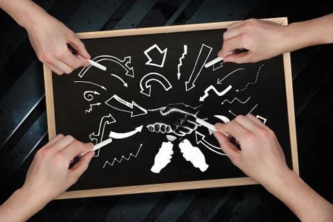 Composite image of multiple hands drawing arrows with chalk Stock Photos