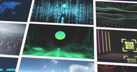 Composite image of multiple scrolling business, leisure and technology screens Illustrazione stock