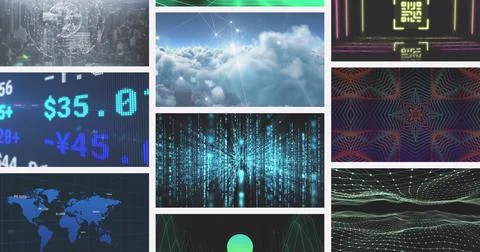 Composite image of multiple scrolling business, leisure and technology screens Illustrazione stock