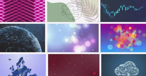 Composite image of multiple scrolling business, leisure and technology screens Illustrazione stock