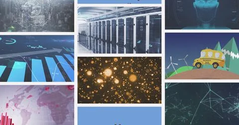 Composite image of multiple scrolling business, leisure and technology screens Illustrazione stock