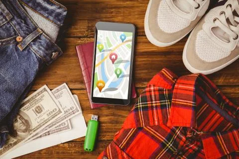 Composite image of navigation pointers with various representations on map Foto stock