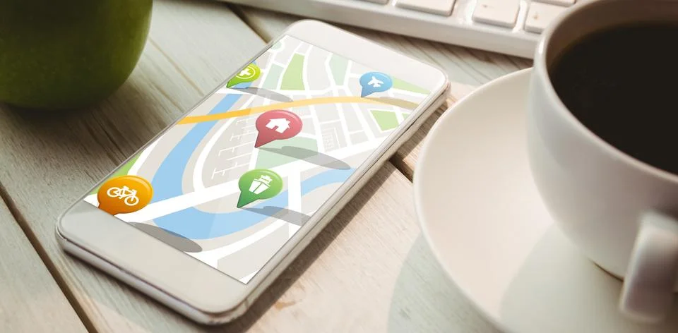 Composite image of navigation pointers with various representations on map Foto stock