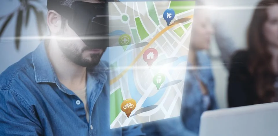 Composite image of navigation pointers with various representations on map Foto stock