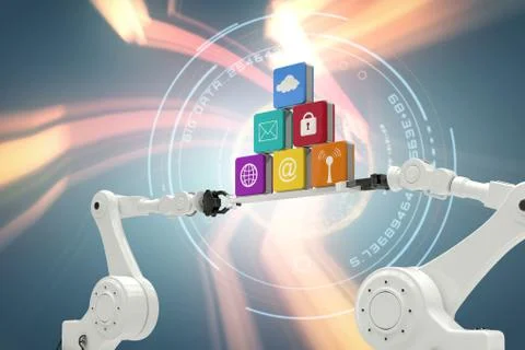 Composite image of obotic hands holding computer icons on white background Stock Photos
