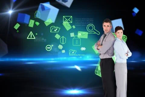 Composite image of office workers standing up back to back Stockillustratie