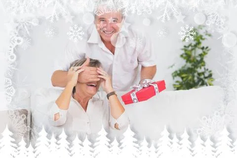 Composite image of old man hiding eyes of his wife for a gift Stock Illustration