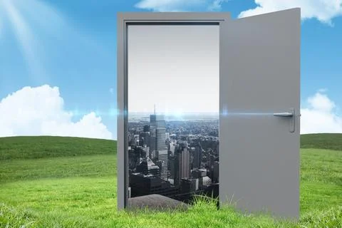 Composite image of open door with cityscape on hill Ilustración de archivo