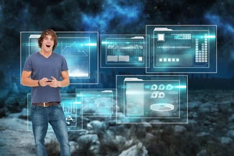 Composite image of open-mouthed student holding a cellphone Ilustración de archivo