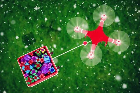 Composite image of overhead view of drone pulling chirstmas sledge Stockillustratie