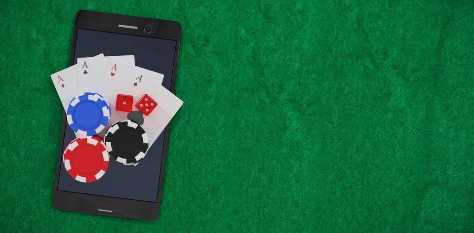 Composite image of overhead view of mobile phone with casino tokens and playing Stock Illustration