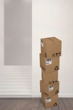 Composite image of packed brown cardboard boxes on white background 스톡 사진