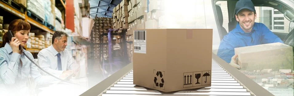 Composite image of packed parcel box on conveyor belt Stock Photos