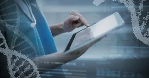 Composite image of panoramic view of dna helix pattern on screen Stock Photos