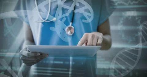 Composite image of panoramic view of dna helix pattern on screen Stock Photos