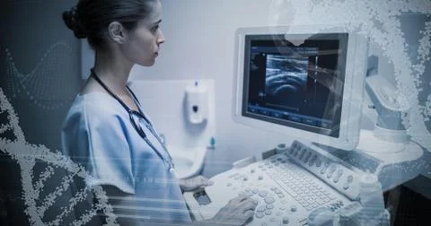 Composite image of panoramic view of helix pattern information on device screen Foto stock