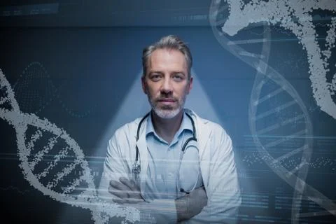 Composite image of panoramic view of helix pattern information on device screen Stock Photos