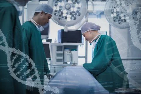 Composite image of panoramic view of helix pattern information on device screen Stock Photos