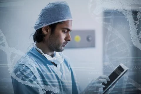 Composite image of panoramic view of helix pattern information on device screen Stock Photos
