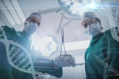 Composite image of panoramic view of helix pattern information on device screen Stock Photos