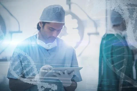 Composite image of panoramic view of helix pattern information on device screen Stock Photos