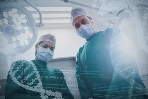 Composite image of panoramic view of helix pattern information on device screen Stock Photos