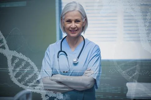 Composite image of panoramic view of helix pattern information on device screen Stock Photos