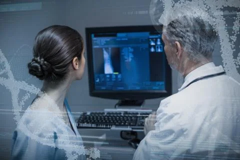 Composite image of panoramic view of helix pattern information on device screen Stock Photos