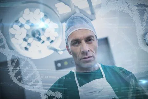 Composite image of panoramic view of helix pattern information on device screen Stock Photos