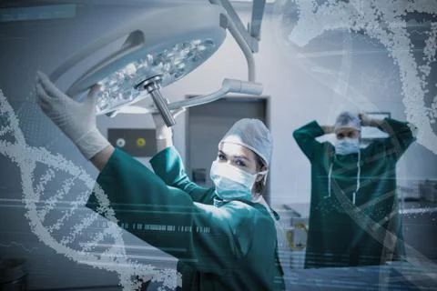 Composite image of panoramic view of helix pattern information on device screen Stock Photos