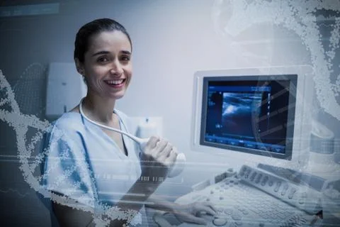 Composite image of panoramic view of helix pattern information on device screen Stock Photos