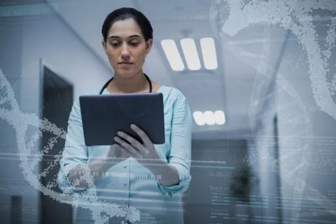 Composite image of panoramic view of helix pattern information on device screen Stock Photos