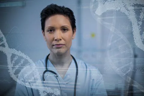 Composite image of panoramic view of helix pattern information on device screen Foto stock