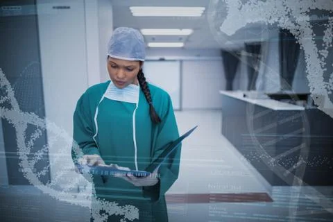 Composite image of panoramic view of helix pattern information on device screen Stock Photos