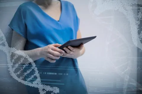 Composite image of panoramic view of helix pattern information on device screen 스톡 사진
