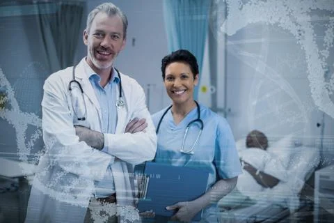 Composite image of panoramic view of helix pattern information on device screen Foto stock