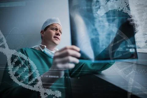 Composite image of panoramic view of helix pattern information on device screen Stock Photos