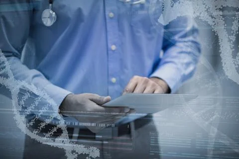 Composite image of panoramic view of helix pattern information on device screen Stock Photos