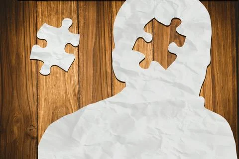Composite image of paper in form of people on wooden background Stock Illustration
