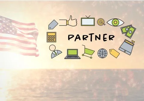 Composite image of partner icon s against the sea and the american flag Stock Photos