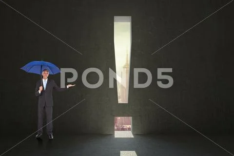 Composite image of peaceful businessman holding blue umbrella Stock Illustration