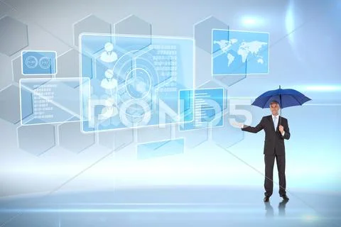 Composite image of peaceful businessman holding blue umbrella Stock Illustration